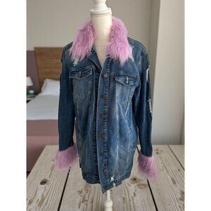 DOLLHOUSE Vintage y2k Denim Distressed Faux Fur Trim Jacket Size Medium